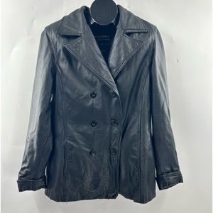 A Women's Black,Uni-Sex Style Double Breasted LEATHER Pea Coat By WILSON'S.L. Bk
